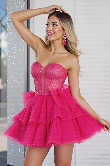 Sparkly Fuchsia Sequin Corset Sweetheart Short Homecoming Dress with Bows
